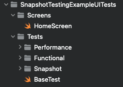 Screenshot showing the file directory for UI Tess, with the subfolders of Screens and Test with additional subfolders and files.