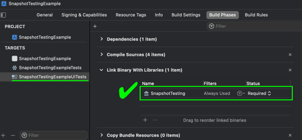 Screenshot of xcode build phases tab showing that the package is associated with the UI Test target