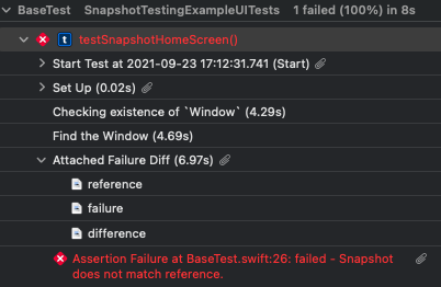 Screenshot of the .xcresult file report for a failed test run where you can find the diff between the expected and actual snapshots